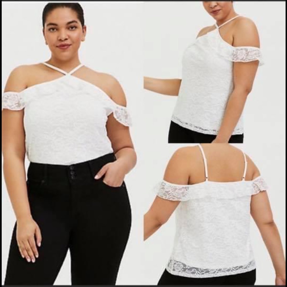 Torrid White Lace Cold Shoulder Halter Top